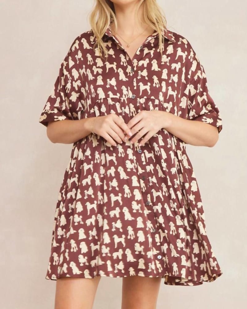 Front of a model wearing a size Large Pampered Pooch Dress In Brown in Brown by entro. | dia_product_style_image_id:342277